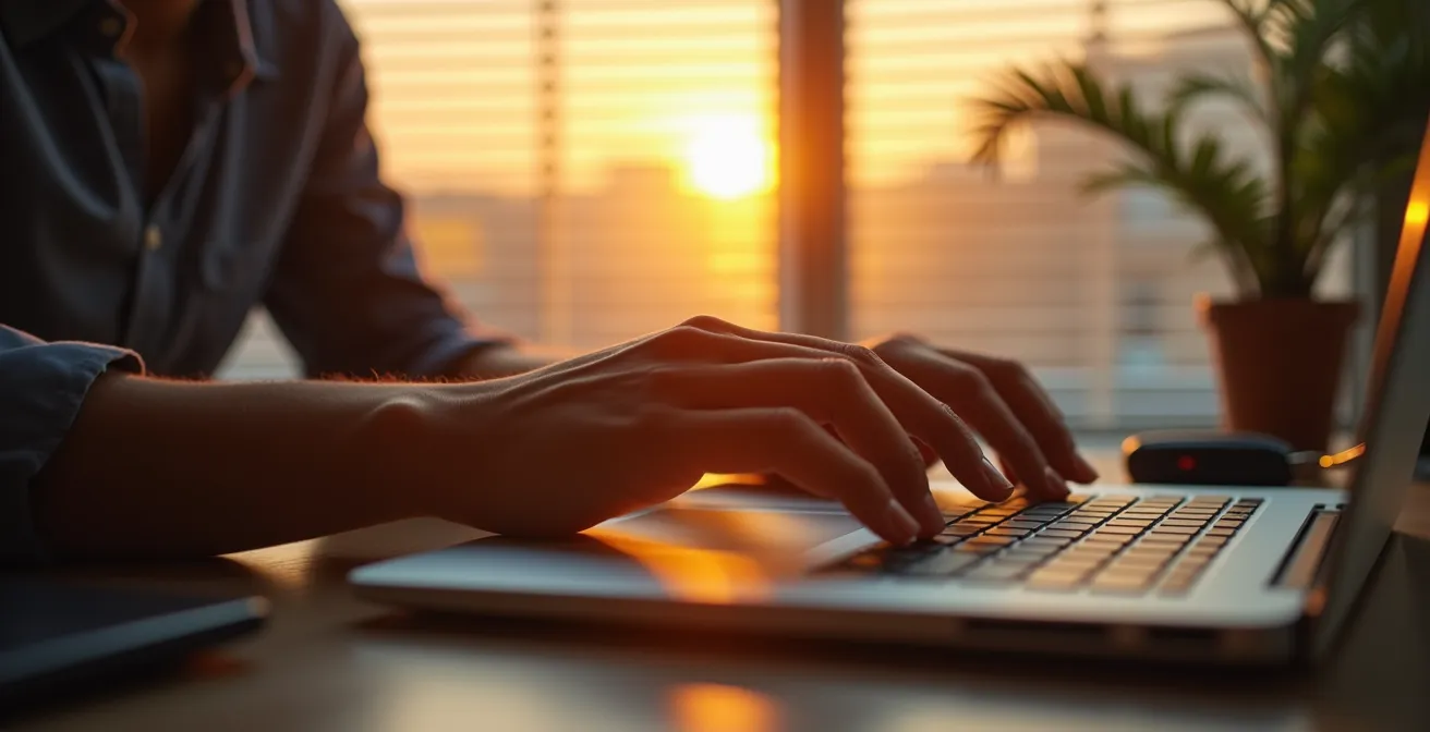 Clock showing 6 PM with professional closing laptop in soft-lit office