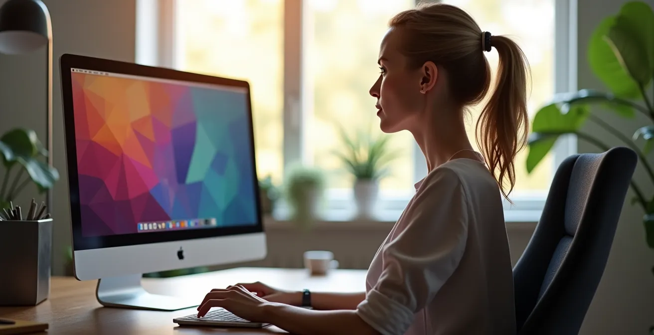 Side view of person at desk showing correct monitor positioning at eye level