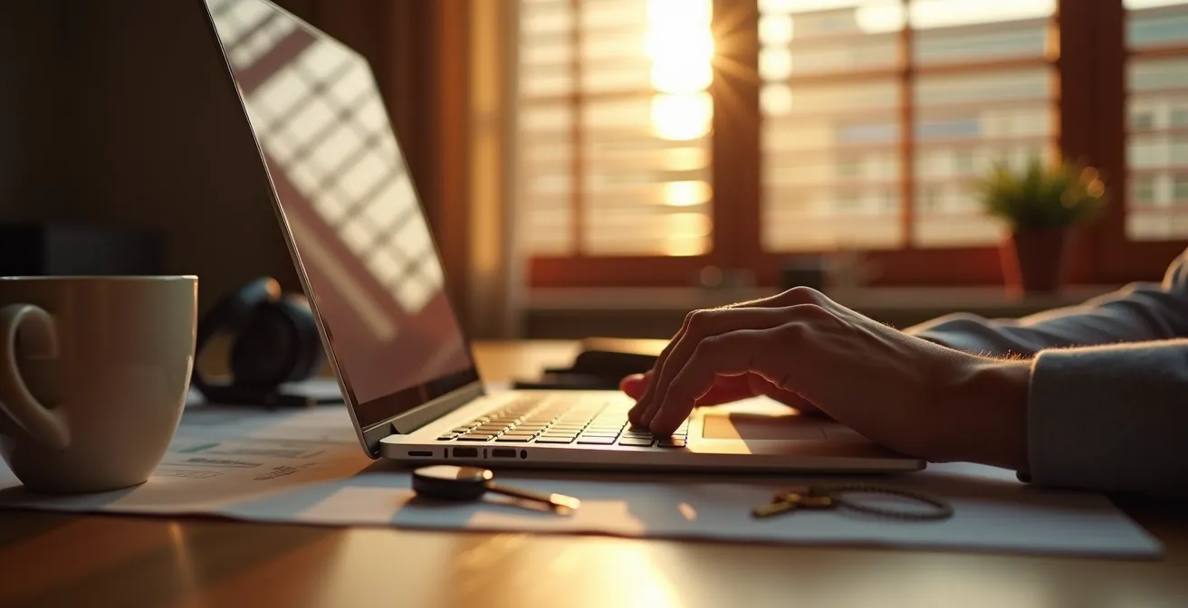 Professional closing laptop at desk with golden evening light streaming through window