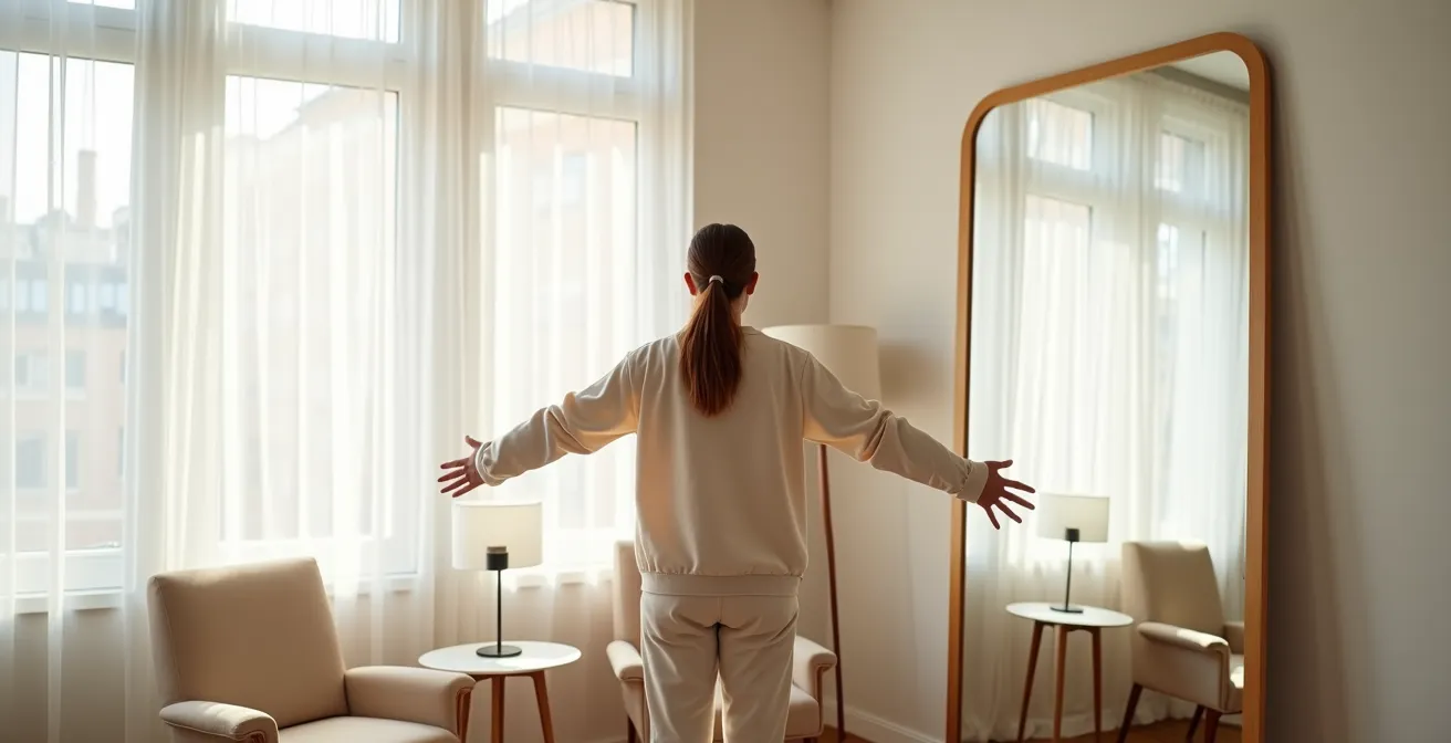 Human perspective showing emotional response to spacious feeling in small studio apartment