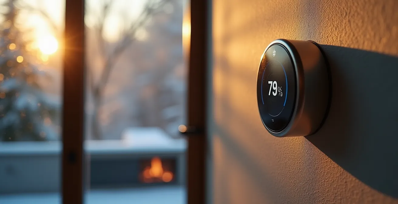 Smart thermostat with geofencing technology optimizing winter heating schedule