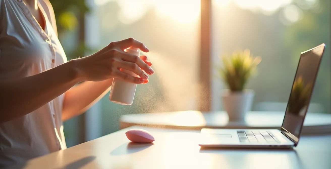 Hands demonstrating spray application onto makeup sponge in bright natural light