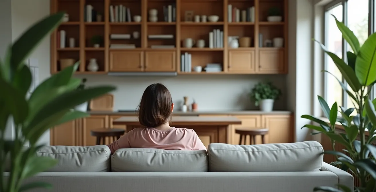 Living room perspective showing partial view screening of kitchen area