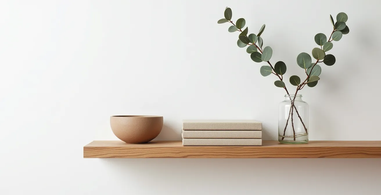 Close-up of minimalist shelf styling with books and ceramics in groups of three