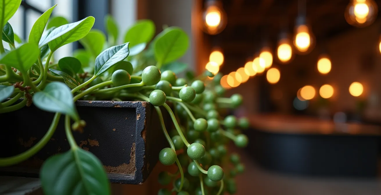Cascading pothos and string of pearls plants creating organic drapery on exposed steel beams in a loft