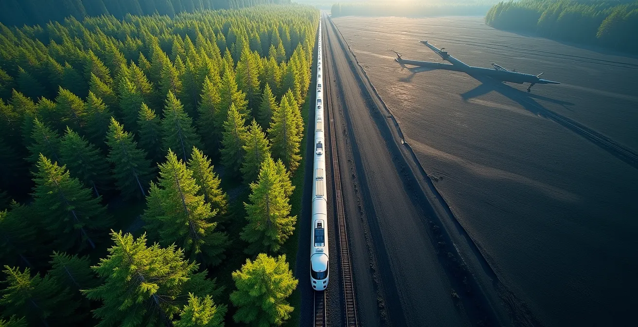 Visual metaphor comparing carbon emissions between train and plane travel, with a train in a green forest and a plane shadow over a barren landscape.