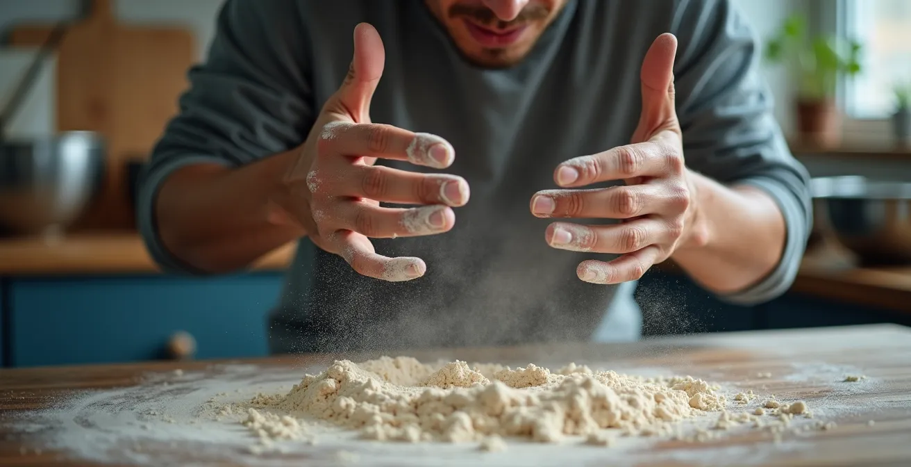 Hands covered in flour using voice commands with a smart speaker in the kitchen background