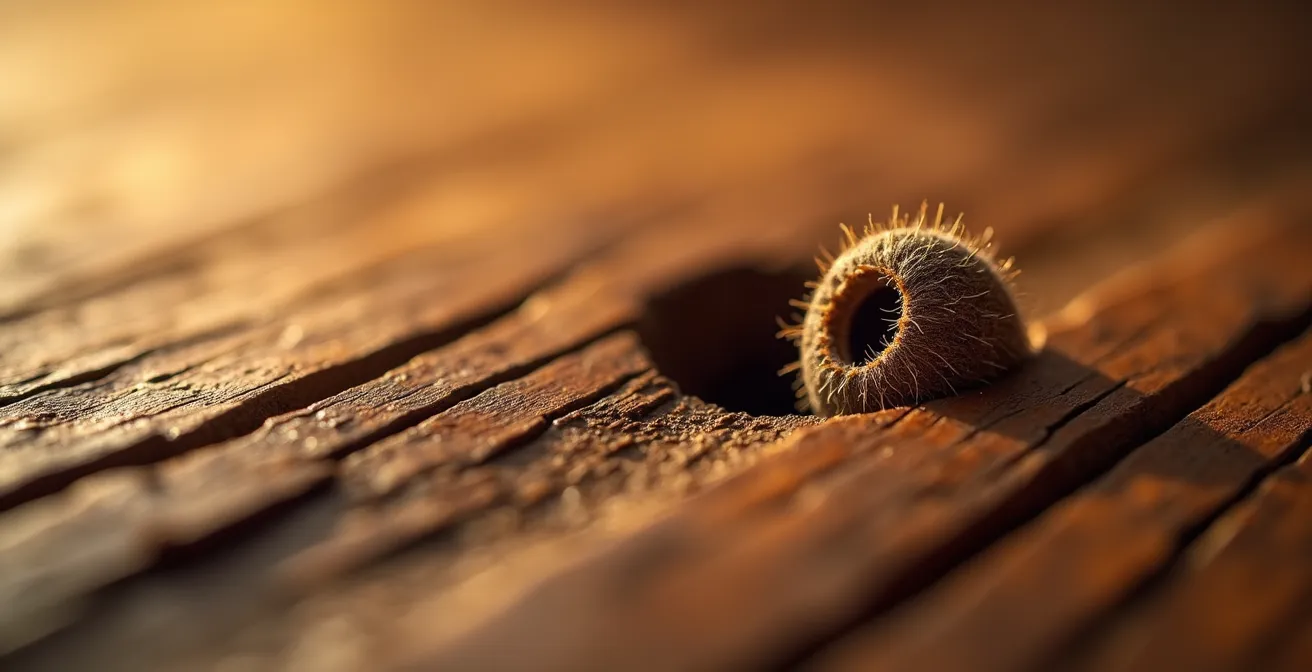 Extreme close-up of woodworm holes in vintage furniture wood grain
