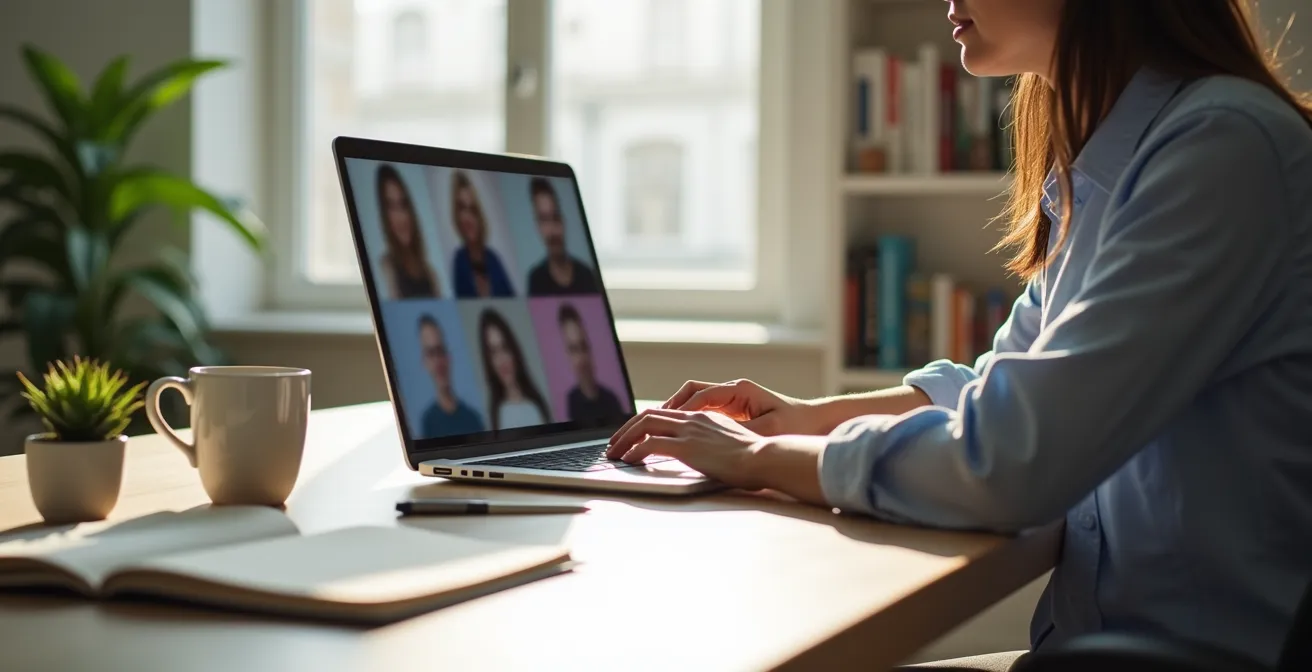 Professional at desk during video call practicing discrete grounding technique