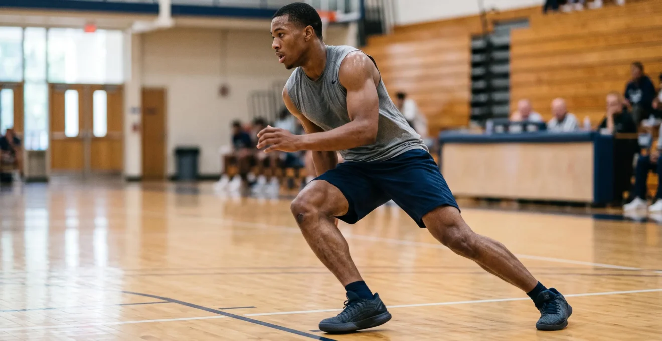 Athlete performing a lateral cutting movement on an indoor basketball court with visible knee biomechanics during direction change