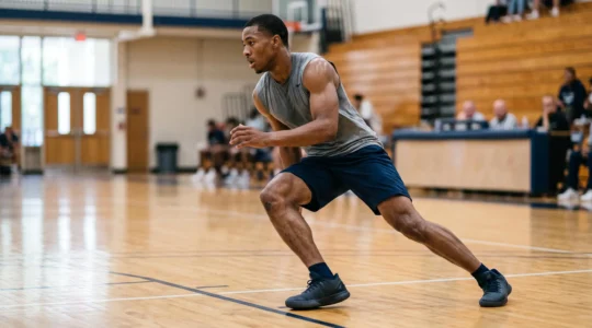 Athlete performing a lateral cutting movement on an indoor basketball court with visible knee biomechanics during direction change