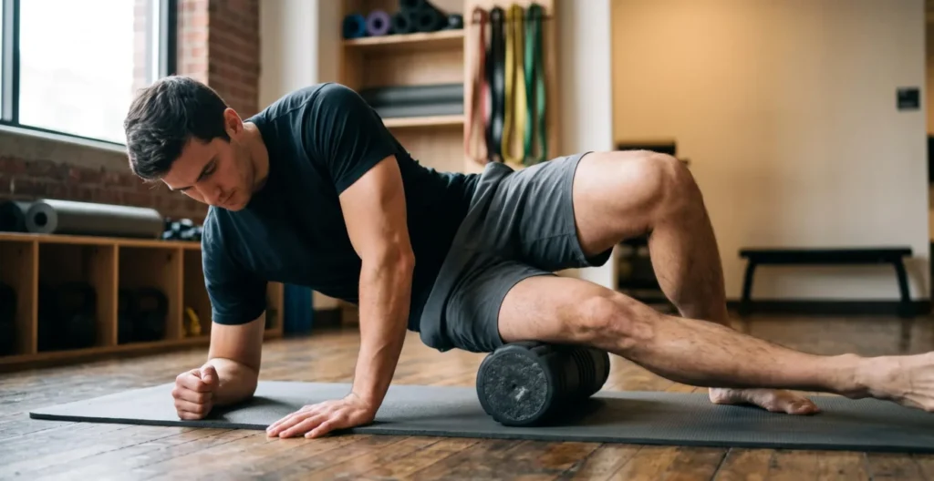 Male athlete using a foam roller for quadriceps self-myofascial release on an exercise mat in a recovery area Male athlete using a foam roller for quadriceps self-myofascial release on an exercise mat in a recovery area